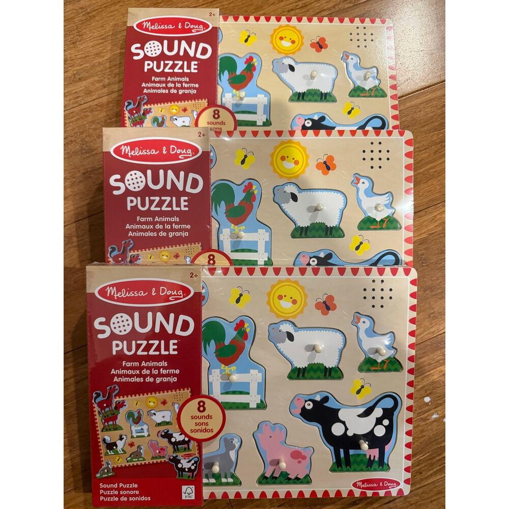 Lot of 3 Melissa & Doug Farm Animals Sound Wooden Puzzles Brand New Ages 2+ 2025